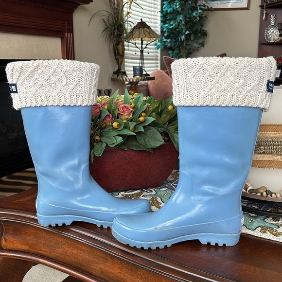 Sperry Vintage Blue Tall Rubber Boots Waterproof w/ Cream Knit Sequin Boot Socks - Picture 11 of 16